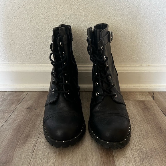 Black Studded Combat Heeled Booties - Picture 3 of 5